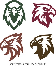 A dynamic collection of four stylized eagle head logos designed with bold geometric shapes and sharp, clean lines. Each logo captures the fierce and commanding presence of the eagle, symbolizing power, vision, and freedom. The designs feature distinct color variations—green, burgundy, rust, and brown—making them suitable for a wide range of branding applications, including sports teams, military insignia, outdoor brands, and corporate identities. The minimalist vector style ensures scalability and strong visual impact across all media.