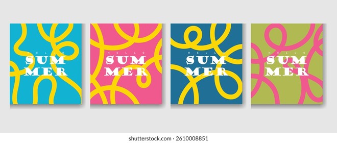  A dynamic collection of four summer posters featuring bold text and vibrant abstract loops on bright backgrounds. Perfect for seasonal promotions and ads.
