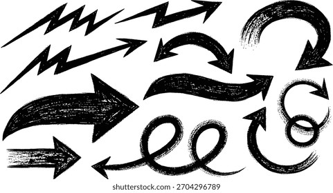 A dynamic collection of grunge-textured, hand-drawn arrows, featuring various directions and styles for bold design statements and creative projects.