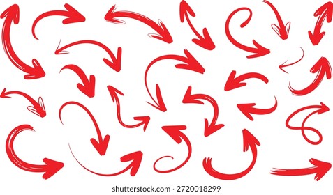 Dynamic collection of hand drawn red arrows in multiple styles, shapes, and directions, including curved, straight, looped, zigzag, and spiral forms. Playful sketch style vector arrows with organic irregular lines on a clean white background. Ideal for annotations, highlights, social media graphics, presentations, infographics, UI design, tutorials, and digital content direction elements.