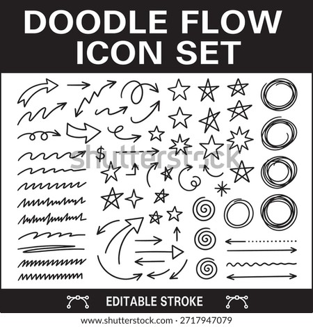 A dynamic collection of hand-drawn doodle icons featuring arrows, stars, circles, scribbles, and abstract symbols. Designed in a sketchy, informal style, these vector elements are ideal for presentations, infographics, UI, UX mockups, educational content, and social media visuals. Each icon is fully editable with vector strokes, offering flexibility for customization. Perfect for designers seeking expressive, playful, and artistic accents.