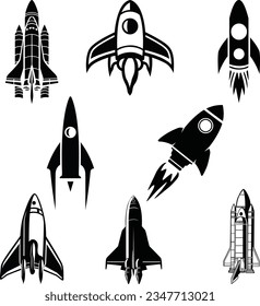 Dynamic collection of monochrome vector rockets, exuding timeless energy. Perfect for versatile design projects.