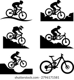 Dynamic collection mountain biker silhouettes, action poses on varied terrain, ideal for sports branding and adventure graphics.