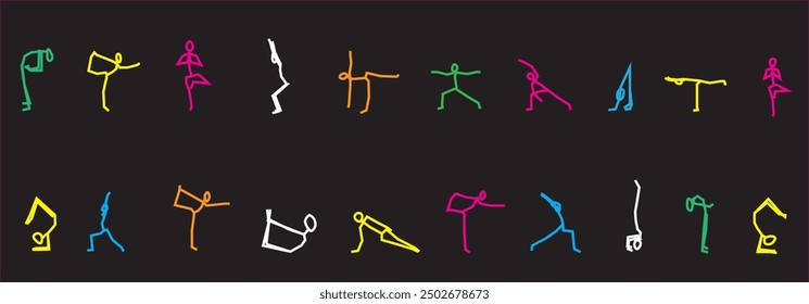 A dynamic collection of multicolored neon matchstick figures performing various yoga poses, available in EPS format. Set against a dark background, this vibrant and modern design is perfect for fitnes