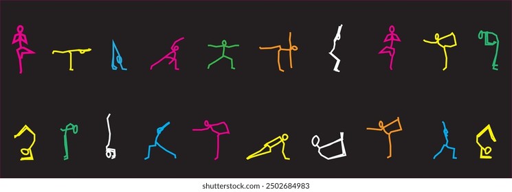 A dynamic collection of multicolored neon matchstick figures performing various yoga poses, available in EPS format. This vibrant and eye-catching design is perfect for contemporary digital art.