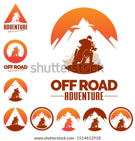 A dynamic collection of off-road adventure logos featuring a rally rider silhouette. The creative design integrates the letter A as a mountain peak and uses the letter O as a circular badge or world element. Set in a rugged orange and brown palette, these vector emblems are perfect for extreme sports branding, 4x4 clubs, adventure travel agencies, and outdoor gear apparel.