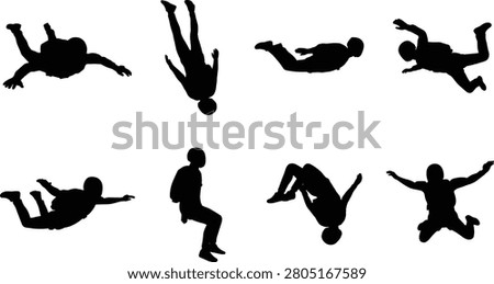 A dynamic collection of skydiver silhouette illustrations featuring freefall poses, parachuting actions, and aerial body positions. Perfect for extreme sports branding, aviation clubs, adventure tourism, training materials, sports apparel, and promotional vector designs.
