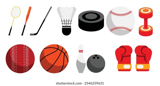 A dynamic collection of sports equipment, featuring baseball, basketball, boxing gloves, hockey puck, and bowling pins, designed in a modern and colorful style.