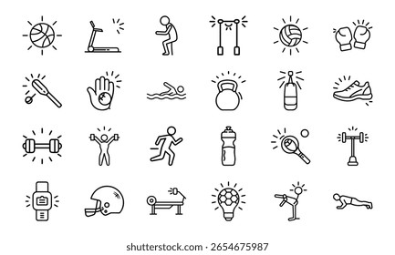 Coleção Dinâmica de Ícones de Linha de Esportes e Fitness - Perfeito para Ginásios, Aplicativos de Saúde e Marca Atlética