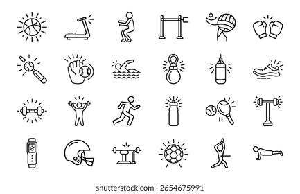 Coleção Dinâmica de Ícones de Linha de Esportes e Fitness - Perfeito para Ginásios, Aplicativos de Saúde e Marca Atlética