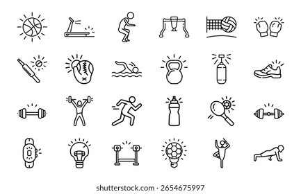 Coleção Dinâmica de Ícones de Linha de Esportes e Fitness - Perfeito para Ginásios, Aplicativos de Saúde e Marca Atlética