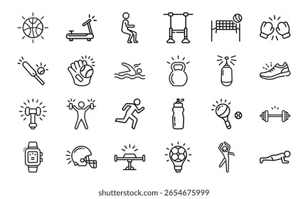 Coleção Dinâmica de Ícones de Linha de Esportes e Fitness - Perfeito para Ginásios, Aplicativos de Saúde e Marca Atlética