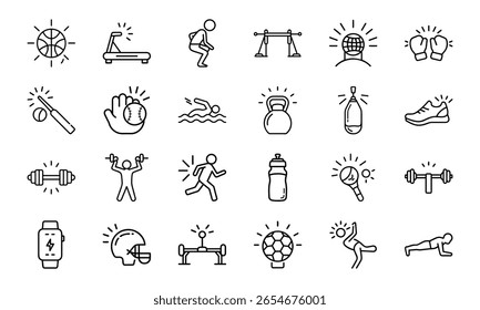 Coleção Dinâmica de Ícones de Linha de Esportes e Fitness - Perfeito para Ginásios, Aplicativos de Saúde e Marca Atlética
