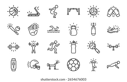 Coleção Dinâmica de Ícones de Linha de Esportes e Fitness - Perfeito para Ginásios, Aplicativos de Saúde e Marca Atlética