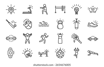 Coleção Dinâmica de Ícones de Linha de Esportes e Fitness - Perfeito para Ginásios, Aplicativos de Saúde e Marca Atlética