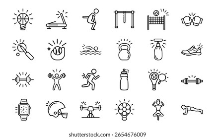 Coleção Dinâmica de Ícones de Linha de Esportes e Fitness - Perfeito para Ginásios, Aplicativos de Saúde e Marca Atlética