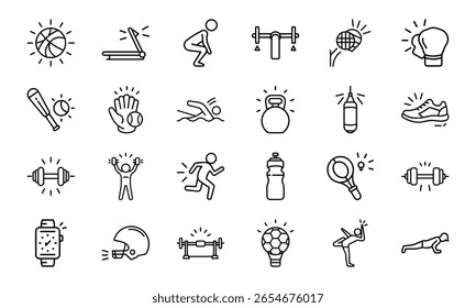 Coleção Dinâmica de Ícones de Linha de Esportes e Fitness - Perfeito para Ginásios, Aplicativos de Saúde e Marca Atlética