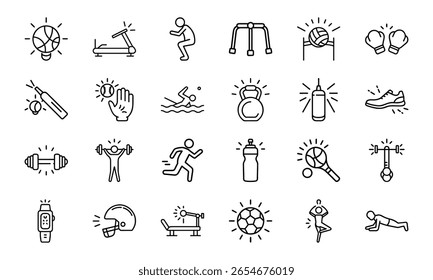 Coleção Dinâmica de Ícones de Linha de Esportes e Fitness - Perfeito para Ginásios, Aplicativos de Saúde e Marca Atlética