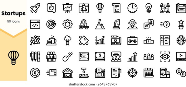 Uma coleção dinâmica de ícones com temas de inicialização que apresentam diversos símbolos, como foguetes, gráficos e trabalho em equipe, adequados para apresentações ou conteúdo digital.