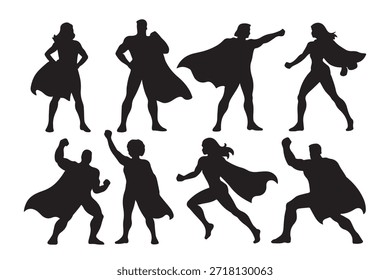 Colección dinámica de siluetas de superhéroes en varias poses poderosas y heroicas