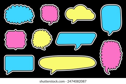 A dynamic collection of ten colorful comic speech bubbles in various shapes and sizes, set against a black background. Ideal for adding a playful touch to comic strips, graphic designs