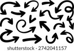 A dynamic collection of thick black doodle arrows, emphasizing curved, circular, and u-turn motions for navigation or illustration.
