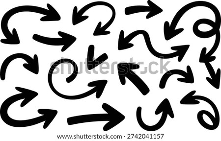 A dynamic collection of thick black doodle arrows, emphasizing curved, circular, and u-turn motions for navigation or illustration.
