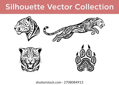 Dynamic collection of tribal leopard and jaguar vector silhouettes, featuring heads, leaping body, and paw print.