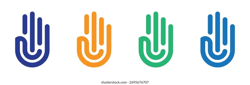 Dynamic collection of vibrant hand icons representing creativity, protection, and unity in blue, orange, and green for modern designs and impactful visual communication