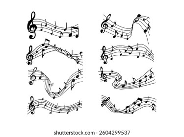 A dynamic collection of wavy music note decorations, featuring flowing musical staffs, notes, and symbols. For concert posters, music event designs, and creative sound-themed projects.