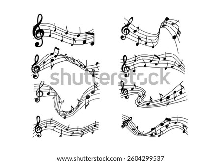 A dynamic collection of wavy music note decorations, featuring flowing musical staffs, notes, and symbols. For concert posters, music event designs, and creative sound-themed projects.