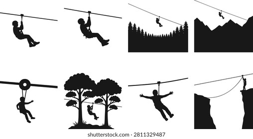 A dynamic collection of zip line adventure silhouette icons featuring riders on cable lines across forests, mountains, and canyon landscapes. Perfect for adventure parks, outdoor recreation, tourism, camping, extreme sports, travel guides, and activity branding.