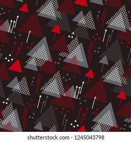 Dynamic color seamless pattern. Abstract geometric texture. Black, red and grey background with moving up triangles, arrows. Decorative motion textile, wallpaper, wrapping paper vector fill