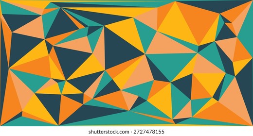 Un fondo abstracto dinámico y colorido con un mosaico de polígonos geométricos en tonos de naranja, amarillo, verde azulado y azul oscuro, creando una imagen moderna y energética.