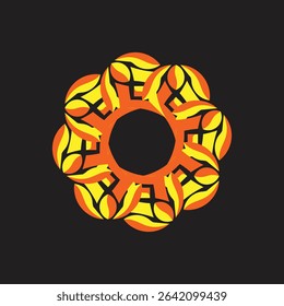 A dynamic and colorful abstract circular design featuring interlocking orange and yellow stylized petal or flame-like elements in a swirling pattern on a dark background,