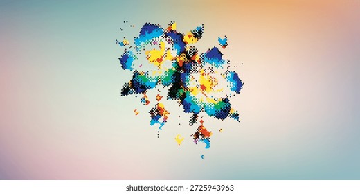 A dynamic and colorful abstract composition resembling a floral explosion, featuring a blend of blue, yellow, and green tones with intricate details and a sense of movement.