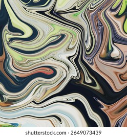 Padrão fluido abstrato dinâmico e colorido com tons terra e formas de alto contraste, ideal para planos de fundo e design de impressão artística.