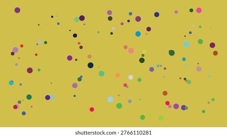 A dynamic and colorful abstract image featuring a random scatter of multicolored circles in varying sizes across a solid golden-yellow backdrop. The circles exhibit a wide spectrum of hues, creating.