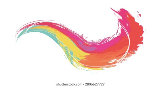 A dynamic and colorful abstract paint stroke forming a wave-like shape, showcasing a blend of red, pink, yellow, and blue hues with a textured brush effect.