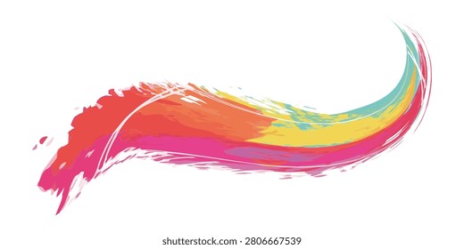 A dynamic and colorful abstract paint stroke, featuring a blend of red, orange, pink, yellow, and blue hues, creating a fluid and artistic design element.