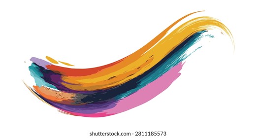 A dynamic and colorful abstract paint stroke, featuring a blend of yellow, orange, red, blue, purple, and pink hues, creating a flowing, wavy shape on a clean white background.