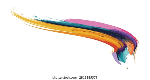 A dynamic and colorful abstract paint stroke featuring a blend of pink, blue, yellow, orange, and purple hues, creating a fluid and artistic design.