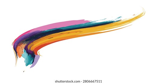 A dynamic, colorful brush stroke with multiple hues, isolated on a white background.