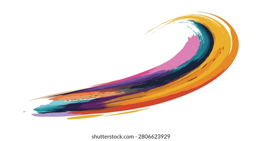 A dynamic, colorful brushstroke forming a swirling shape with multiple hues like orange, yellow, pink, purple, and blue.