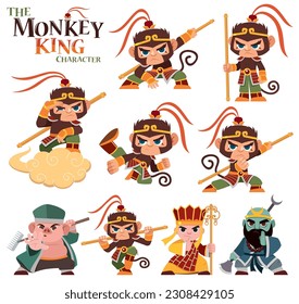 A dynamic and colorful cartoon-style illustration featuring the legendary Monkey King, in various action poses.