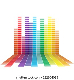 Dynamic colorful equalizer bars rise from a vibrant horizontal plane, creating an energetic music background with a modern vector aesthetic.