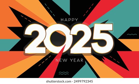 Dynamic and Colorful Happy New Year 2025 Banner with Bold Geometric Patterns, Festive Decoration, and Vibrant Colors, Greeting card banner for 2025, Isometric Vector illustration