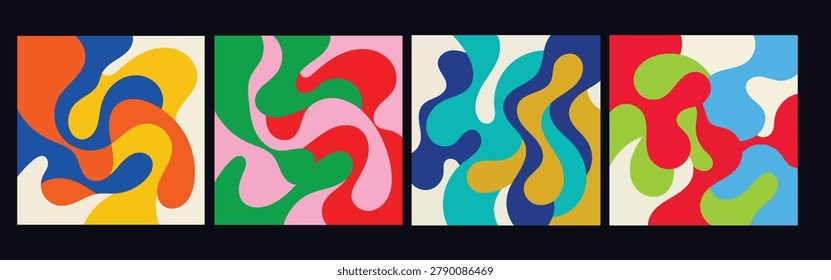 Dynamic colorful liquid pattern set featuring wavy abstract organic shapes for modern artistic graphic design backdrops.