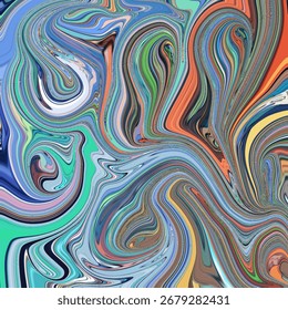 Dynamic colorful marble swirl with bold abstract shapes in teal, orange, and blue. Fluid paint texture ideal for fashion, art prints, and digital creative designs.