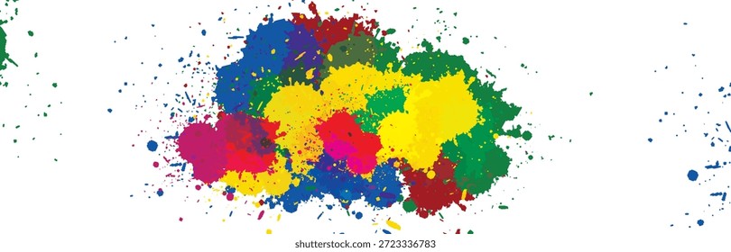 Dynamic colorful paint splatters in a vibrant rainbow spectrum create an expressive abstract texture, perfect for modern design and artistic presentations